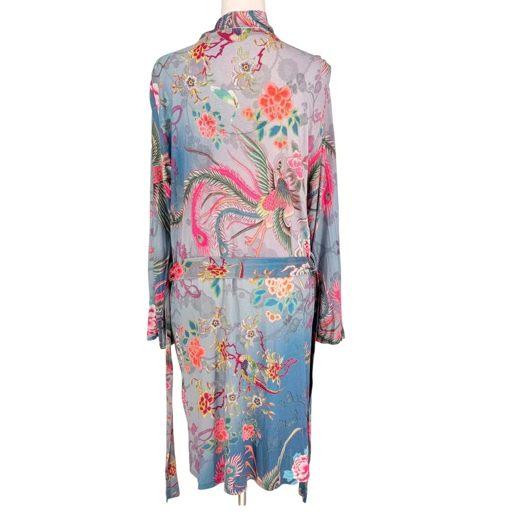 Johnny Was Women M Phoenix Floral Pima Cotton Modal Robe Kimono Blue Pockets